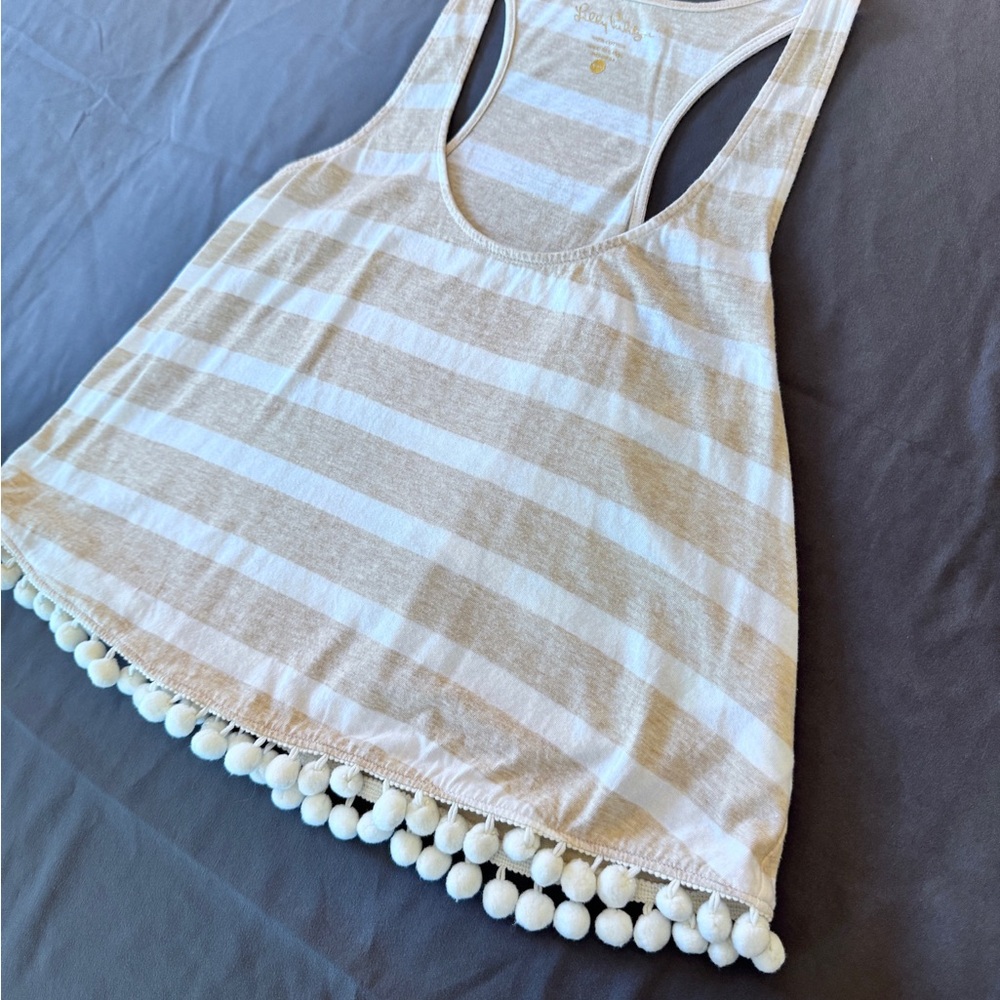 LILLY PULITZER SHIRLEY TOP SAND Striped Racerback XXS Pom Pom Hem Boho Festival
